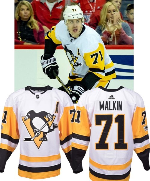 Evgeni Malkins 2017-18 Pittsburgh Penguins Game-Worn Alternate Captains Jersey with Team COA - 100th Patch! - Photo-Matched!