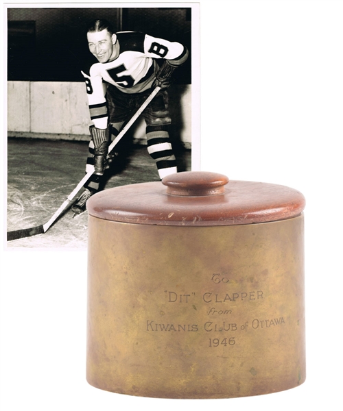 Dit Clappers Boston Bruins "1946 Kiwanis Club of Ottawa" Brass Cigar Humidor / Tobacco Jar