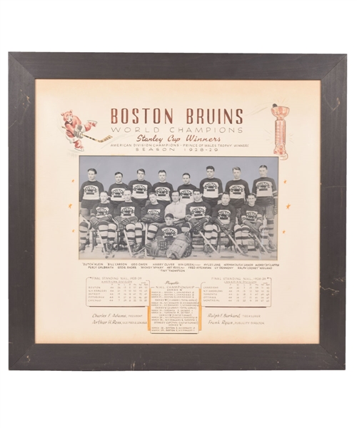 Boston Bruins 1928-29 Stanley Cup Champions Framed Team Photo Display from Milt Schmidt Collection (23 ½” x 25”)  