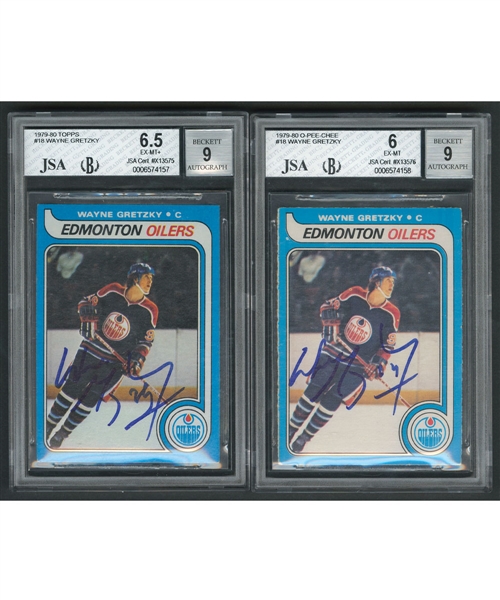 1979-80 O-Pee-Chee and Topps Hockey #18 HOFer Wayne Gretzky Signed Beckett-Graded Rookie Cards (EX-MT and EX-MT+) - Both Signatures Beckett-Graded 9 with WGA COAs