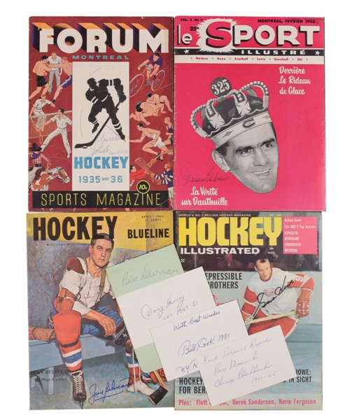 Hockey Signed Magazine, Index Card and Other Item Collection of 60+ - Loaded with Deceased HOFers Including Joliat, Durnan, Cook, Harvey, Mosienko and Others