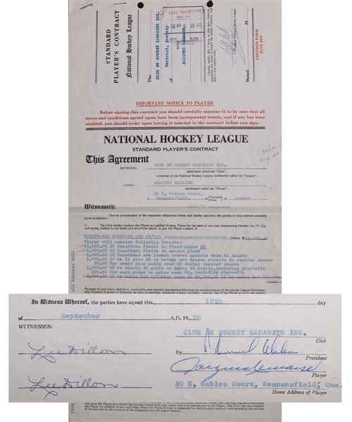 Jacques Lemaires 1970-71 Montreal Canadiens Official NHL Contract Signed by Lemaire and Campbell