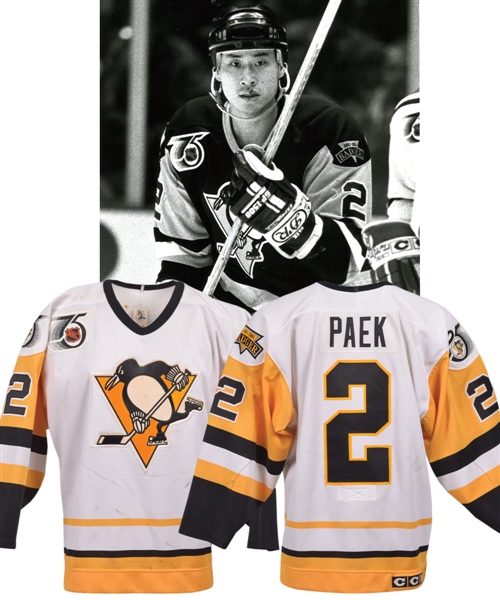 Jim Paeks 1991-92 Pittsburgh Penguins Game-Worn Rookie Season Jersey - Badger, Penguins 25th and NHL 75th Patches!