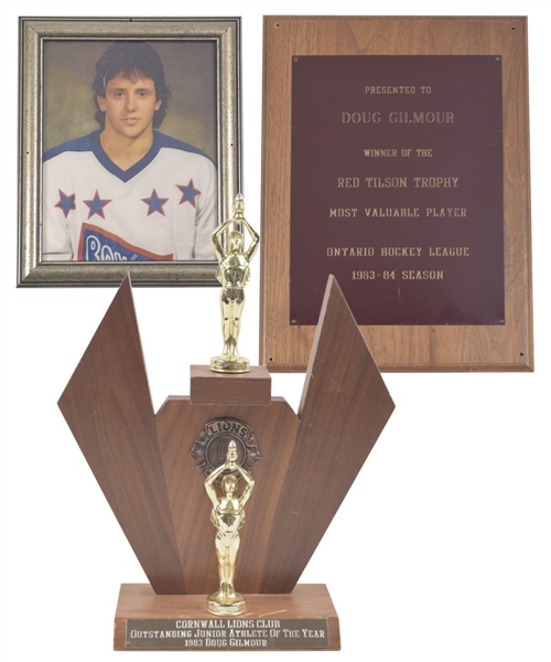 Doug Gilmours 1983 OHL Cornwall Royals "MVP Red Tilson Trophy" Trophy Plaque and 1983 Cornwall Lions Club "Outstanding Junior Athlete of the Year" Trophy with His Signed LOA