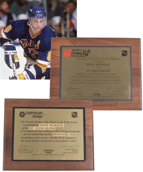 Doug Gilmours 1986-87 St. Louis Blues "Dodge Ram Tough Award" and "NHL Player of the Week" Trophy Plaques (2) with His Signed LOA