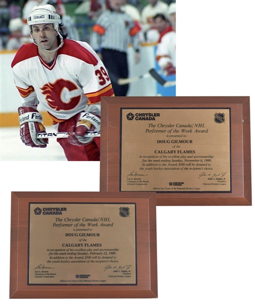 Doug Gilmours 1988-89 Calgary Flames "Performer of the Week" Trophy Plaques (2) with His Signed LOA