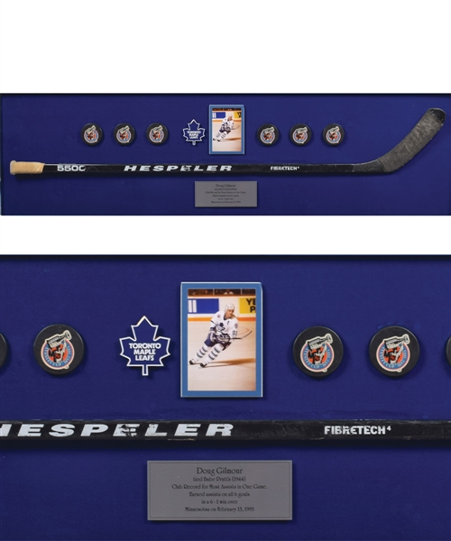 Doug Gilmours February 13th 1993 Toronto Maple Leafs "Most Assists in One Game (6)" Game-Used Milestone Stick Display with His Signed LOA
