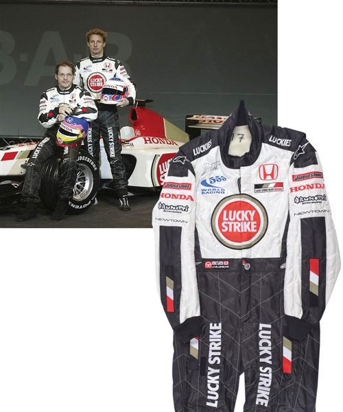 Jacques Villeneuves 2003 Lucky Strike BAR Honda F1 Team Signed Alpinestars Race-Worn Suit with His Signed LOA