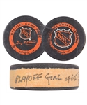 Brett Hulls 1995-96 St. Louis Blues "62nd Career Playoff Goal - Ties Dad Bobby Hull" Goal Puck with His Signed LOA
