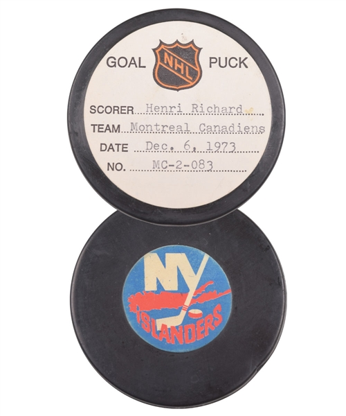 Henri Richards Montreal Canadiens December 6th 1973 Goal Puck from the NHL Goal Puck Program - 6th Goal of Season / Career Goal #342