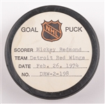 Mickey Redmonds Detroit Red Wings February 26th 1974 Goal Puck from the NHL Goal Puck Program - 40th Goal of Season / Career Goal #196 / Game-Winning Goal