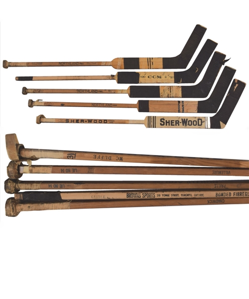 1960s and 1970s Game-Used Goalie Stick Collection of 5 Including Villemure, Paille, McDuffe, Chadwick and Gamble
