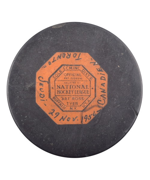 Montreal Canadiens vs Toronto Maple Leafs November 29th 1956 Art Ross Game Puck with Notations