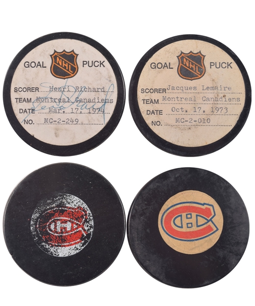 Henri Richards and Jacques Lemaires Montreal Canadiens 1973-74 Goal Pucks (2) from the NHL Goal Puck Program 