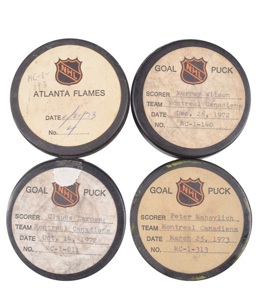Peter Mahovlichs, Laroses, Roberts and Wilsons Montreal Canadiens 1972-73 Goal Pucks (4) from the NHL Goal Puck Program 