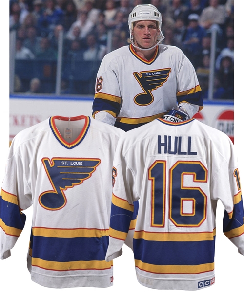 Brett Hulls 1990-91 St. Louis Blues Game-Worn Jersey with His Signed LOA - Team Repairs! - Photo-Matched! - Video-Matched to His 86th Goal of Season and Playoffs!