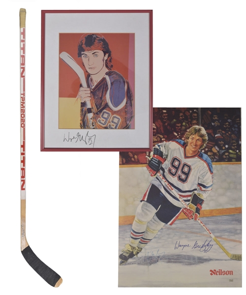 Wayne Gretzky Edmonton Oilers Mid-1980s Signed Promo Stick, Signed Early-1980s Neilson Poster and Signed Warhol Art Framed Photo