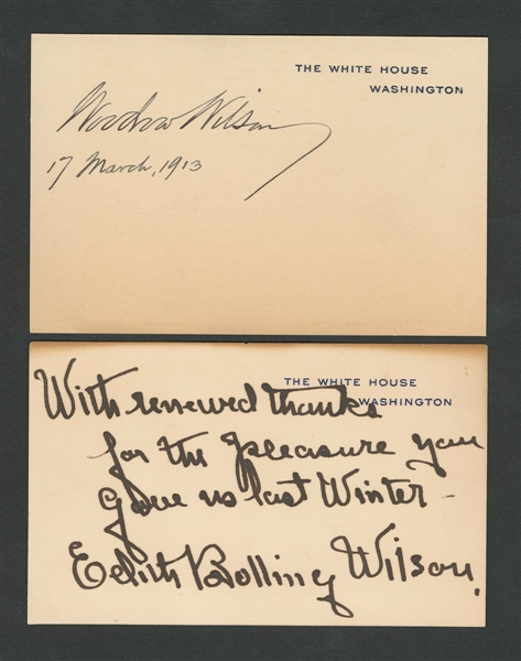 Woodrow Wilson and First Lady Edith Bolling Wilson Signed White House Calling Cards (2) with JSA LOA - 28th President of the United States