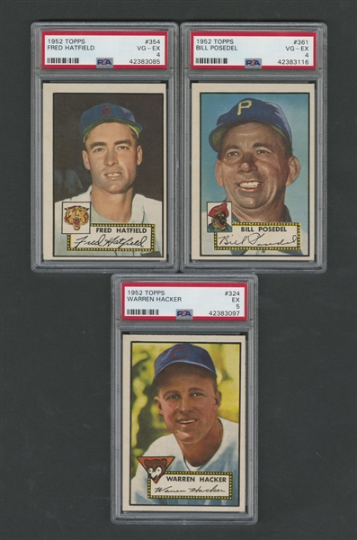 1952 Topps PSA-Graded Baseball Cards #324 Hacker (PSA 5), #354 Hatfield (PSA 4) and #361 Posedel (PSA 4)