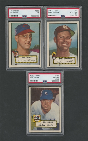 1952 Topps PSA-Graded Baseball Cards #399 Fridley (PSA 5), #402 Harrist (PSA 4.5) and #403 Miller (PSA 4 MK)