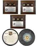 Garry Howatts New York Islanders Mid-1970s Hat Trick Goal Puck Plaques (3) and November 7th 1973 First NHL Goal Puck with His Signed LOA
