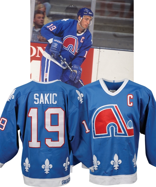 Joe Sakics 1994-95 Quebec Nordiques Game-Worn Captains Jersey with LOA - Team Repairs! - Photo-Matched!