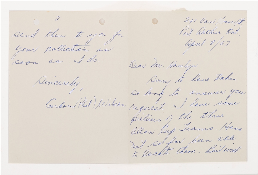 Deceased HOFer Gordon "Phat" Wilson Signed 1967 Letter from the E. Robert Hamlyn Collection with JSA LOA