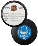 Norm Ullmans Toronto Maple Leafs April 14th 1974 Playoff Goal Puck from the NHL Goal Puck Program - 1st Playoff Goal of Season / Career Playoff Goal #30 - Last Playoff Goal of Career for Ullman