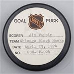 Jim Pappins Chicago Black Hawks April 23rd 1974 Playoff Goal Puck from the NHL Goal Puck Program - 3rd Playoff Goal of Season / Career Playoff Goal #33 - Game-Winning Overtime Goal