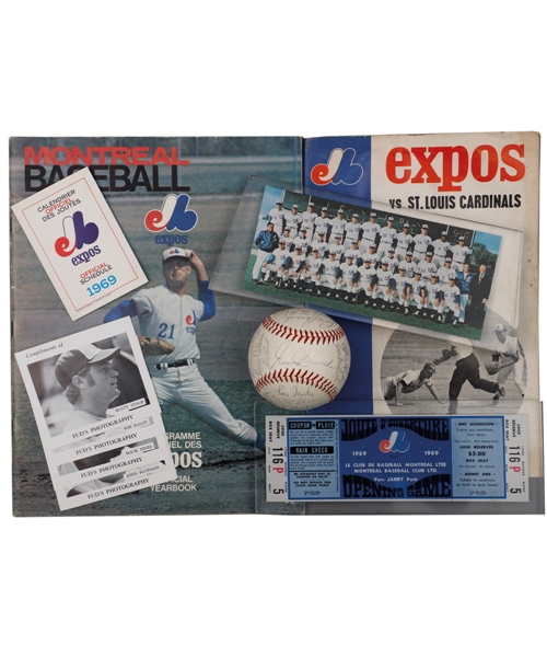 Montreal Expos Memorabilia Collection Including 1969 Team-Signed Baseball (JSA LOA), 1969 First Home Game Program, 1969 Inaugural Home Opener Souvenir Ticket, 1969 Schedule, 1969 Yearbook and More!