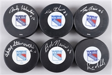 New York Rangers Signed Puck Collection of 30 Including Hebenton, Brown, Nevin, Rousseau, Gardner, Marshall, Fontinato, Goyette, Sullivan and Others