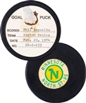 Phil Espositos Boston Bruins February 20th 1974 Goal Puck from the NHL Goal Puck Program - Season Goal #49 of 68 / Career Goal #447 of 717 - 2nd Goal of Hat Trick