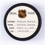 Richard Martins Buffalo Sabres March 3rd 1974 Goal Puck from the NHL Goal Puck Program - Season Goal #40 of 52 / Career Goal #121 of 384 - Power-Play Goal