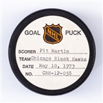 Pit Martins Chicago Black Hawks May 10th 1973 Playoff Goal Puck from the NHL Goal Puck Program - Season PO Goal #9 of 10 / Career PO #22 of 27 - 2nd Goal of Hat Trick - Power-Play Goal