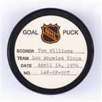 Tom Williams Los Angeles Kings April 14th 1974 Playoff Goal Puck from the NHL Goal Puck Program - Season PO Goal #3 of 3 / Career PO #3 of 8 - 3rd Goal of Hat Trick