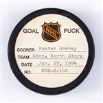 Buster Harveys Minnesota North Stars January 27th 1974 Goal Puck from the NHL Goal Puck Program - Season Goal #9 of 16 / Career Goal #42 of 90