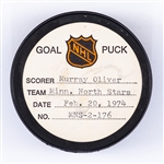 Murray Olivers Minnesota North Stars February 20th 1974 Goal Puck from the NHL Goal Puck Program - Season Goal #11 of 17 / Career Goal #249 of 274