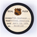Yvan Cournoyers Montreal Canadiens April 13th 1974 Playoff Goal Puck from the NHL Goal Puck Program - Season PO Goal #4 of 5 / Career PO Goal #48 of 64 - Game-Winning Goal - Unassisted