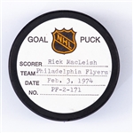 Rick MacLeishs Philadelphia Flyers February 3rd 1974 Goal Puck from the NHL Goal Puck Program - Season Goal #19 of 32 / Career Goal #72 of 349 - Power-Play Goal
