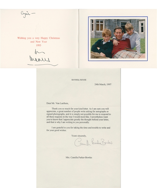 Prince Charles Signed 1993 Royal Christmas Card with JSA LOA and Camilla Parker-Bowles Signed Letter
