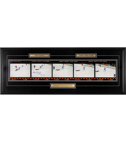 Wayne Gretzky Edmonton Oilers "Fifty Goals in 39 Games" Signed Framed Film Strip Display Including "50/39" Annotation with WGA COA (22” x 58 ½”)