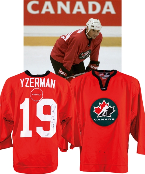 Steve Yzermans 2002 Winter Olympics Team Canada Signed Practice-Worn Jersey with Hockey Canada LOA - Photo-Matched!