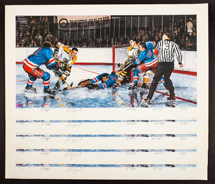 New York Rangers and Boston Bruins Multi-Signed Limited-Edition In the Slot Les Tait Lithographs (5) with COA Including Hadfield, Esposito, Giacomin and Bucyk (19" x 33") 