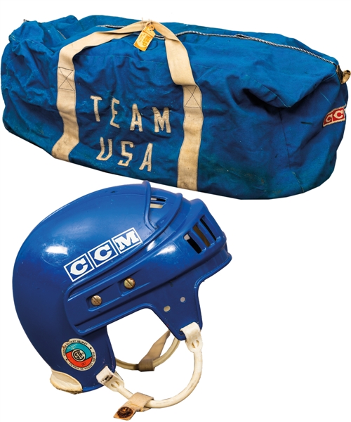 Vintage Team USA Hockey Team Equipment Bag Plus 1980 Pre-Olympics Team USA CCM Game-Worn Helmet