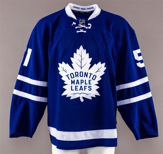Jake Gardiner’s 2016-17 Toronto Maple Leafs Game-Worn Jersey with Team LOA – Team Repairs – Photo-Matched! 