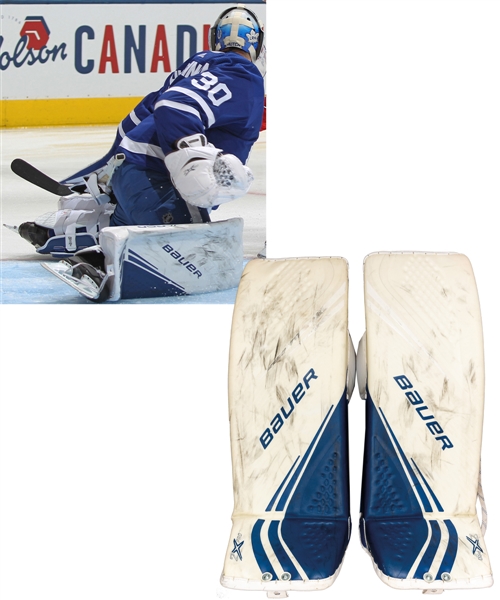 Michael Hutchinson’s 2019-20 Toronto Maple Leafs Bauer Game-Worn Pads with Team LOA - Photo-Matched! 