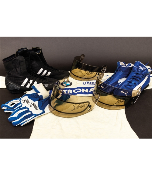Jacques Villeneuves 2005 Credit Suisse Petronas F1 Team Race-Worn/Team-Issued Item Collection of 4 Plus Signed Visors (3) and Nomex Racing Underwear (6 Pieces – 1 Signed) with His Signed LOA     