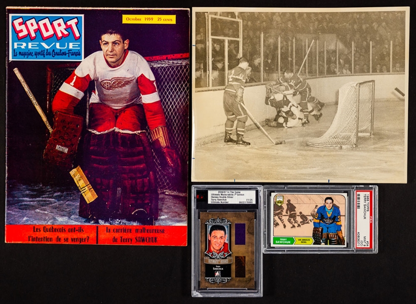 Terry Sawchuk Memorabilia Collection of 4 including 1968-69 Topps PSA Mint 9 Hockey Card 