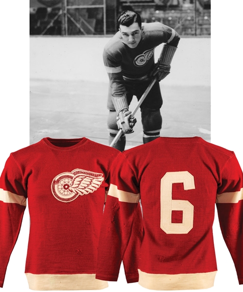Larry Auries 1930s Detroit Red Wings Game-Worn Wool Jersey with LOA - Team Repairs! - Originally Obtained from Family!