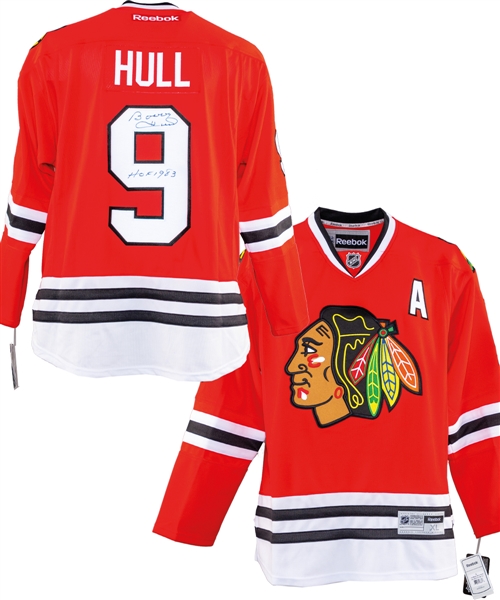 Bobby Hull Autographed Memorabilia Collection of 4 Including Signed Chicago Black Hawks Jersey, Stick, Puck and Photo with LOA